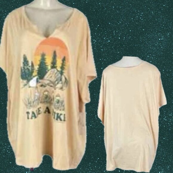 Vinyl Icons +6 Tawny Split Neck Snoopy Forest Hiking Graphic Short Sleeve Tee - Picture 1 of 6